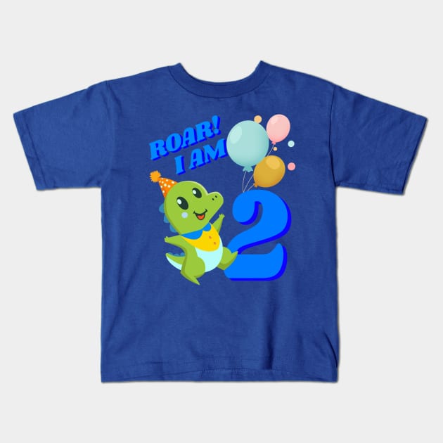 2nd Birthday Child Kid Dino Dinosaur ROAR Kids T-Shirt by Little Treasures